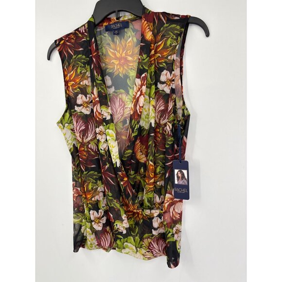 Rachel By Rachel Roy Mesh Floral Sleeveless Faux Wrap Black Multi Medium NEW - Picture 3 of 6